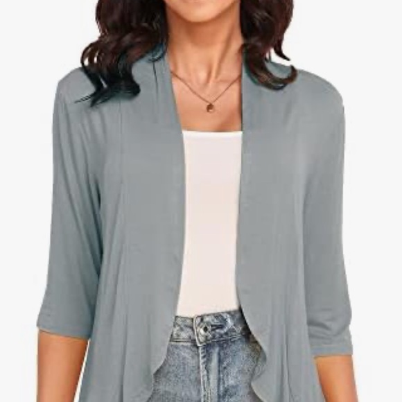 Women's Open Front Cardigan Jersey 3/4 Sleeves Dove Gray New With Tags Waterfall - Picture 9 of 16